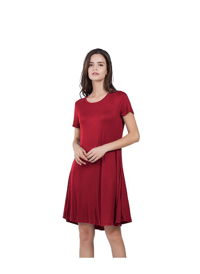 New Round Neck Solid Color Casual Simple Pocket Short Sleeve Dress