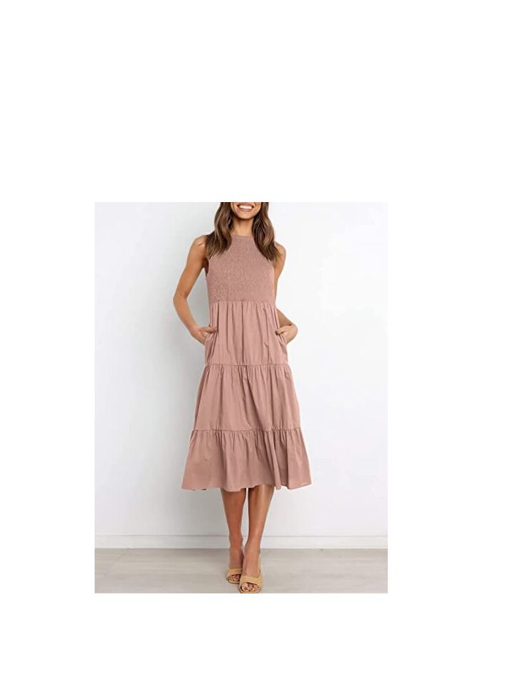 Women's New Fashion Simple Sleeveless Shrink Pleats Elastic Waist Layering Large Swing Dress