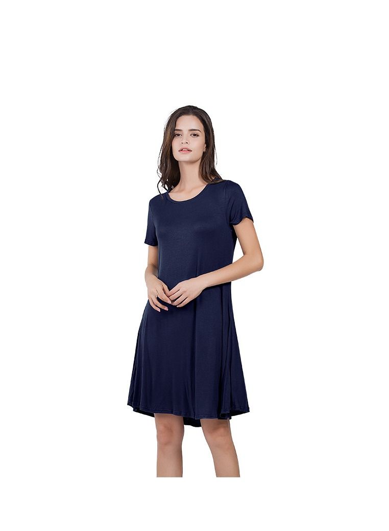 New Round Neck Solid Color Casual Simple Pocket Short Sleeve Dress