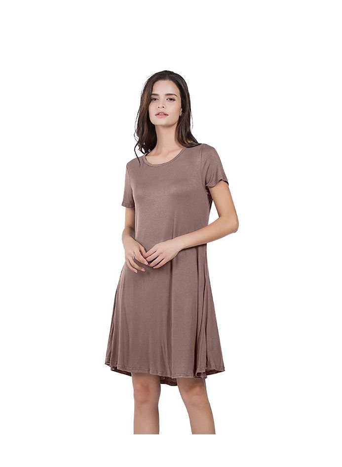 New Round Neck Solid Color Casual Simple Pocket Short Sleeve Dress