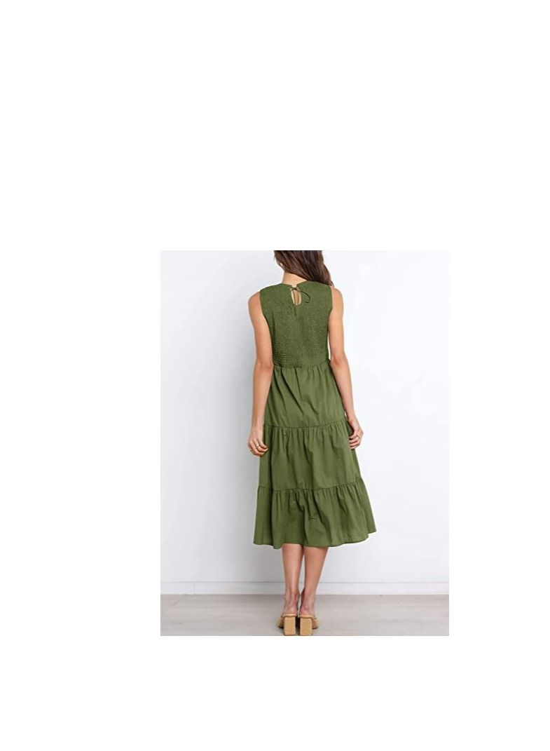 Women's New Fashion Simple Sleeveless Shrink Pleats Elastic Waist Layering Large Swing Dress