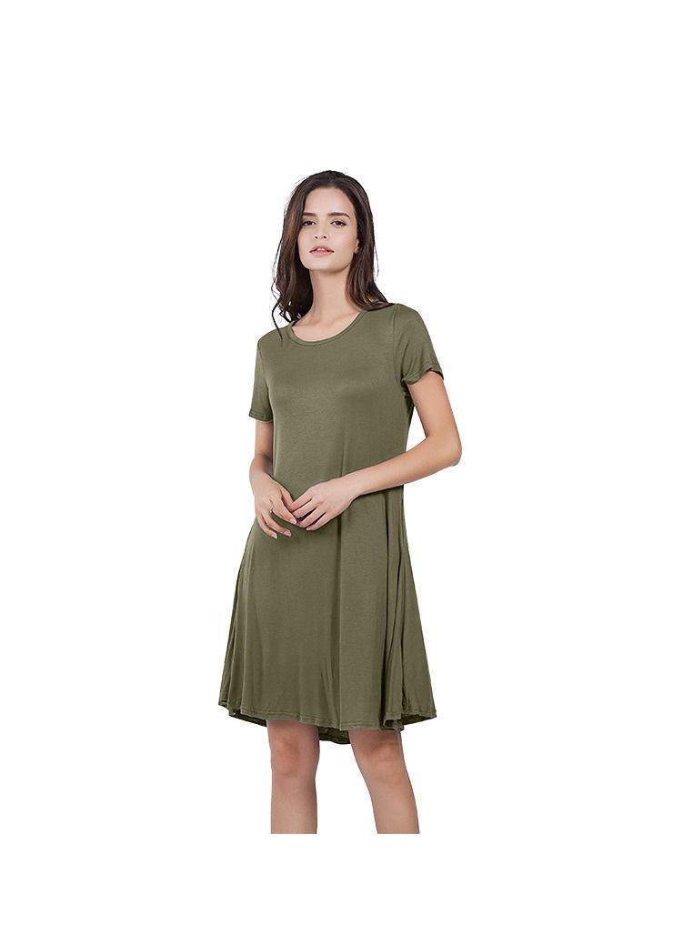 New Round Neck Solid Color Casual Simple Pocket Short Sleeve Dress