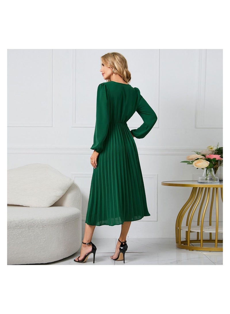 Women's V-neck Long Sleeved Pleated A-line Dress