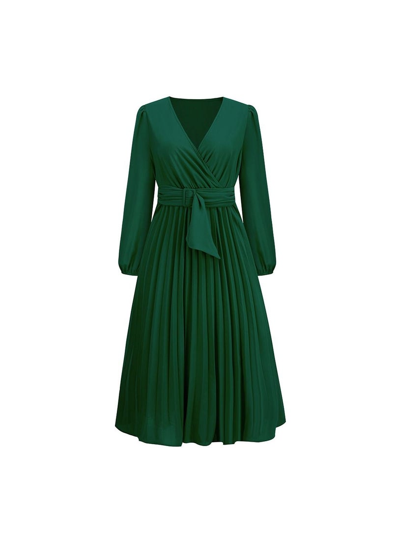 Women's V-neck Long Sleeved Pleated A-line Dress