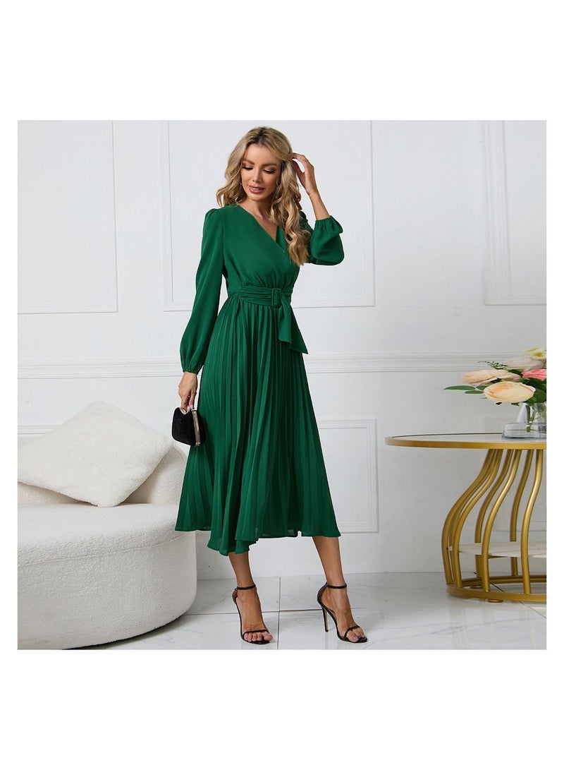 Women's V-neck Long Sleeved Pleated A-line Dress