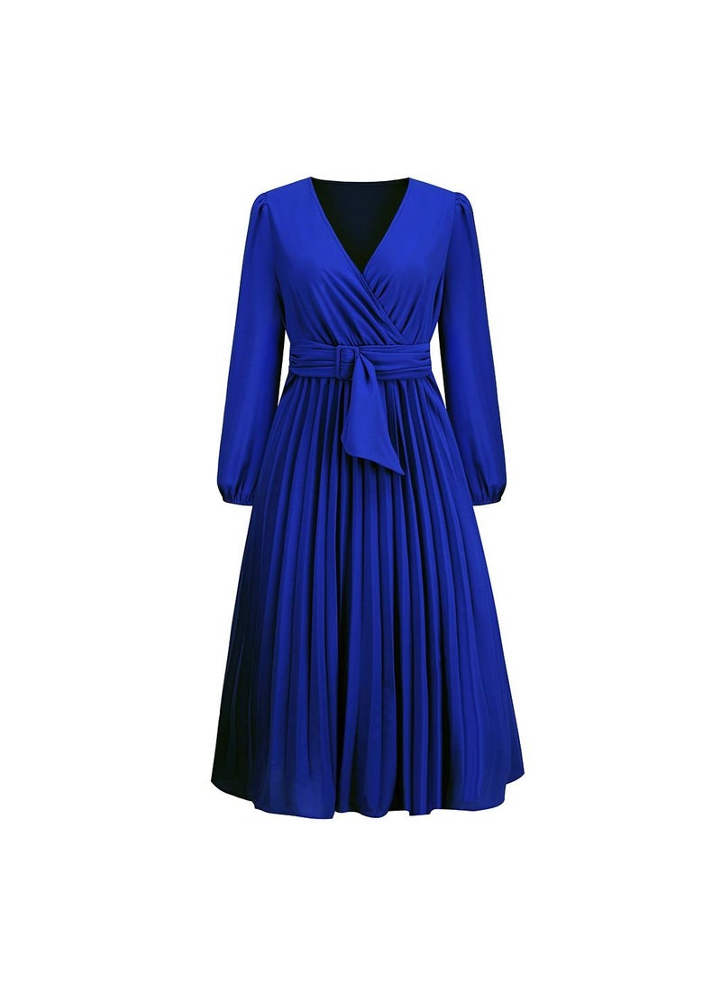 Women's V-neck Long Sleeved Pleated A-line Dress