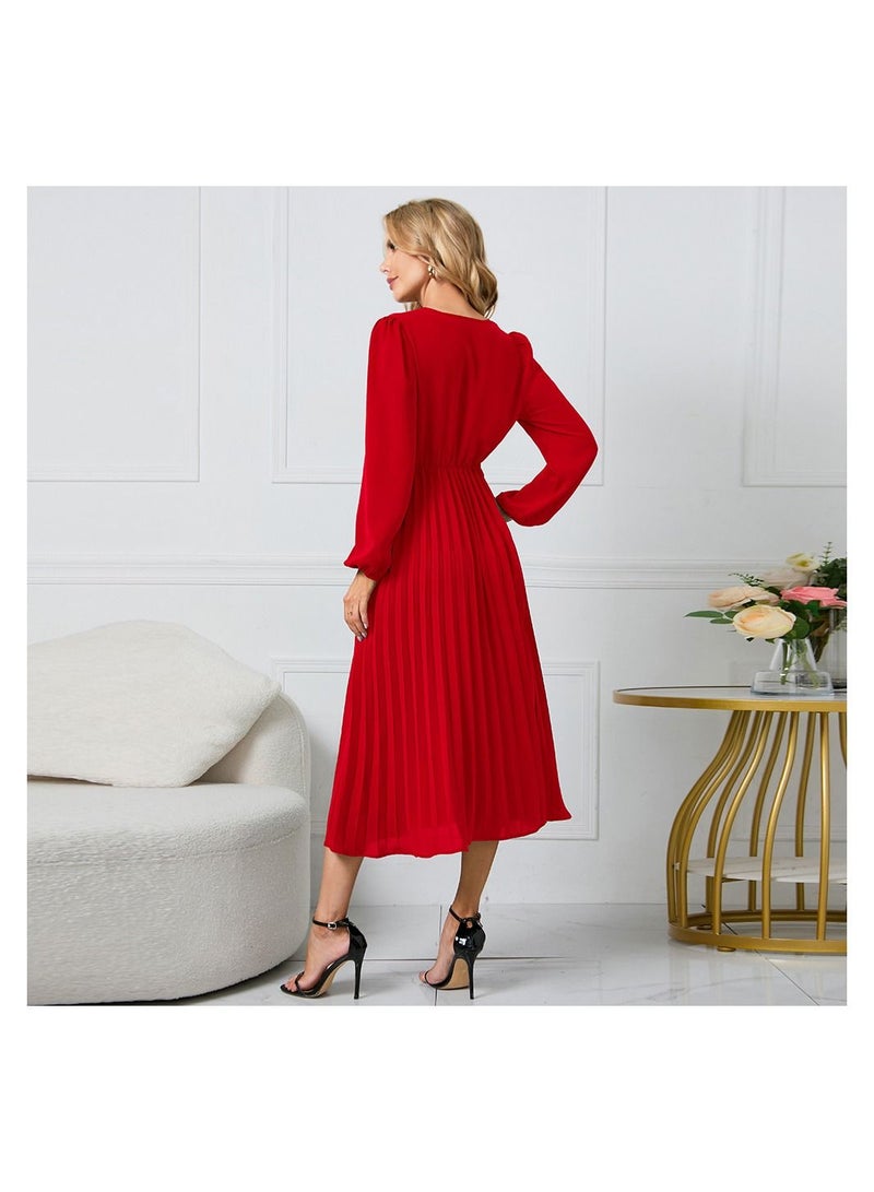 Women's V-neck Long Sleeved Pleated A-line Dress