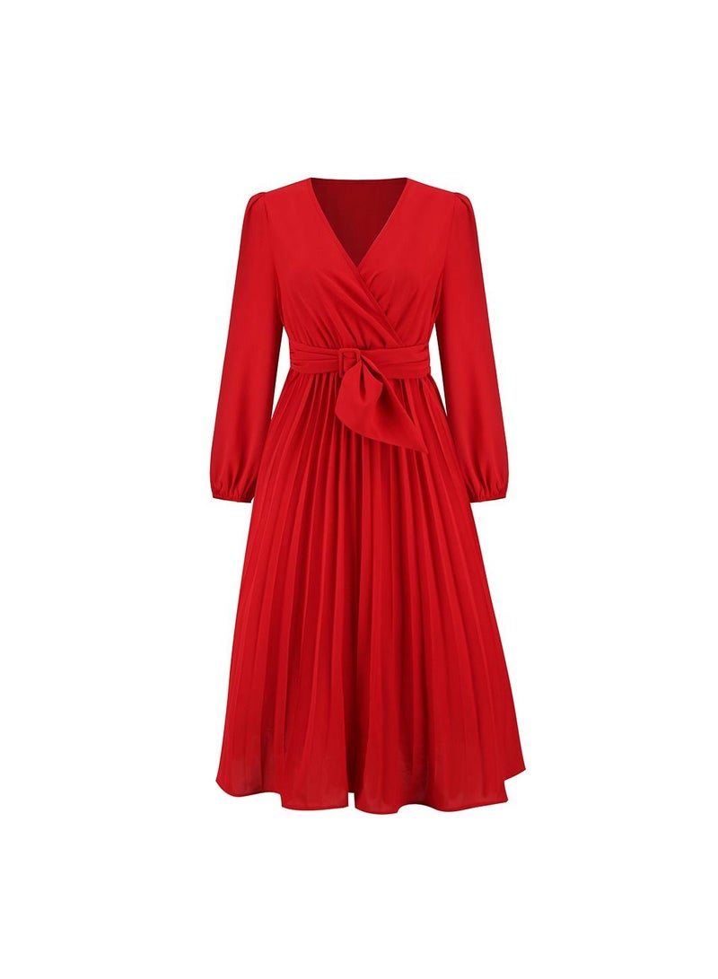 Women's V-neck Long Sleeved Pleated A-line Dress