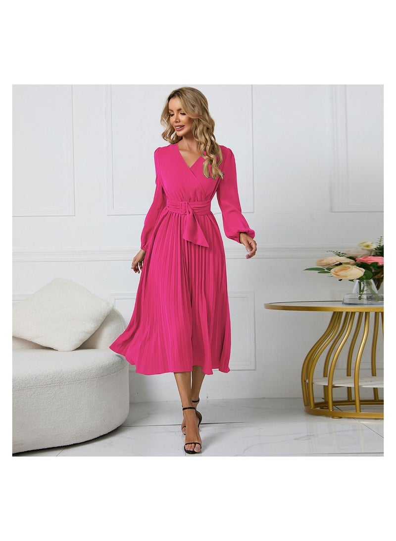 Women's V-neck Long Sleeved Pleated A-line Dress