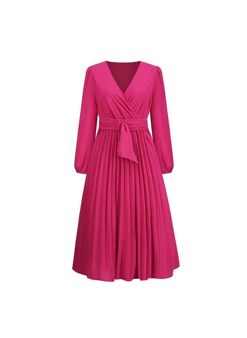 Women's V-neck Long Sleeved Pleated A-line Dress