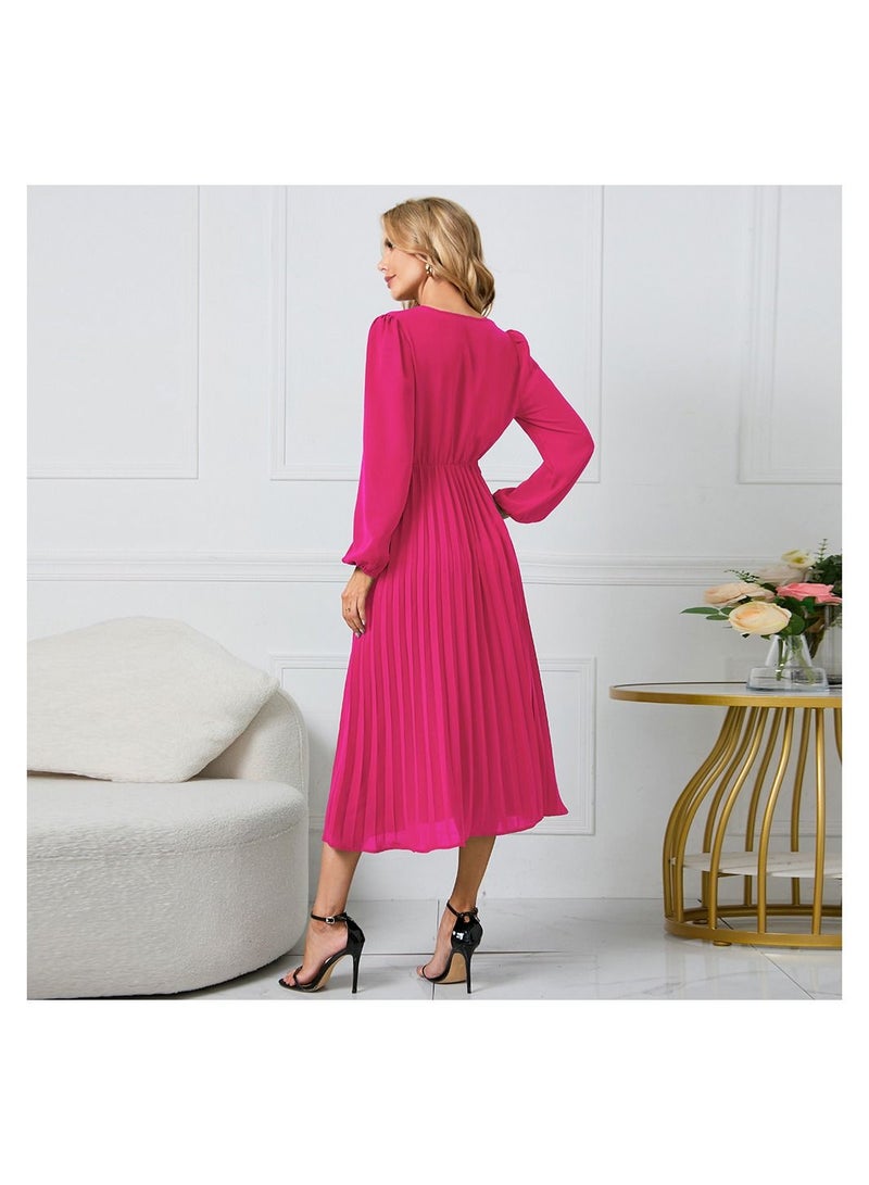 Women's V-neck Long Sleeved Pleated A-line Dress