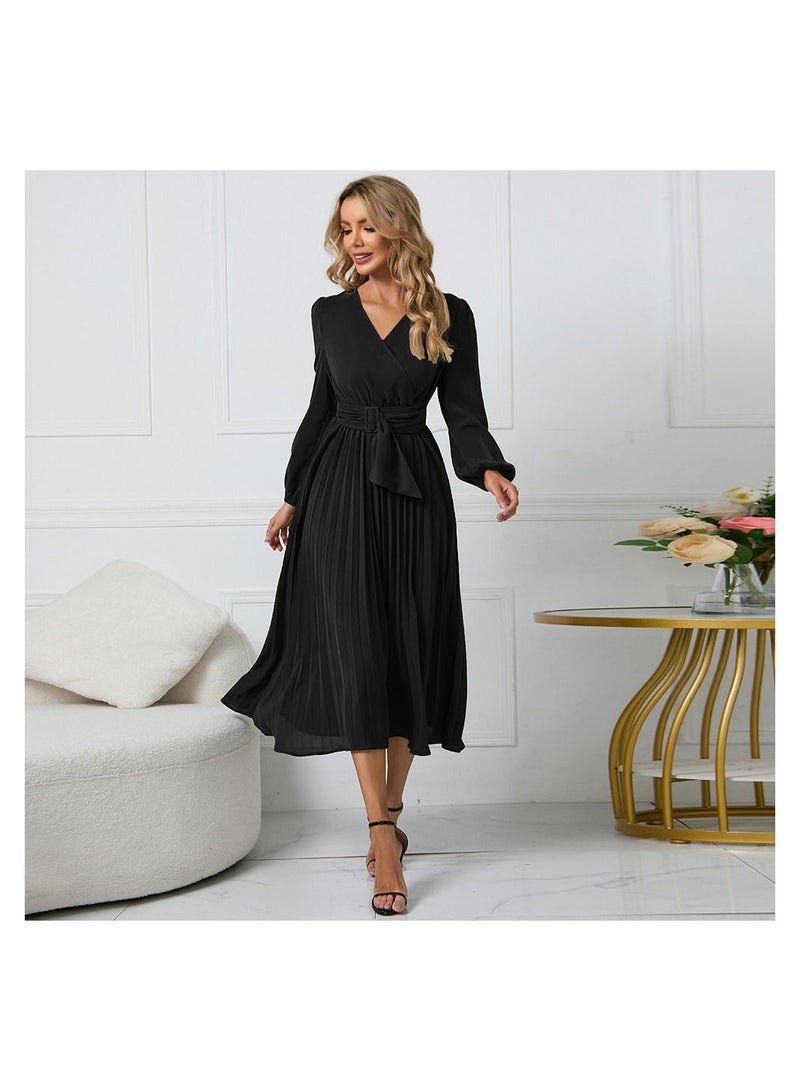 Women's V-neck Long Sleeved Pleated A-line Dress