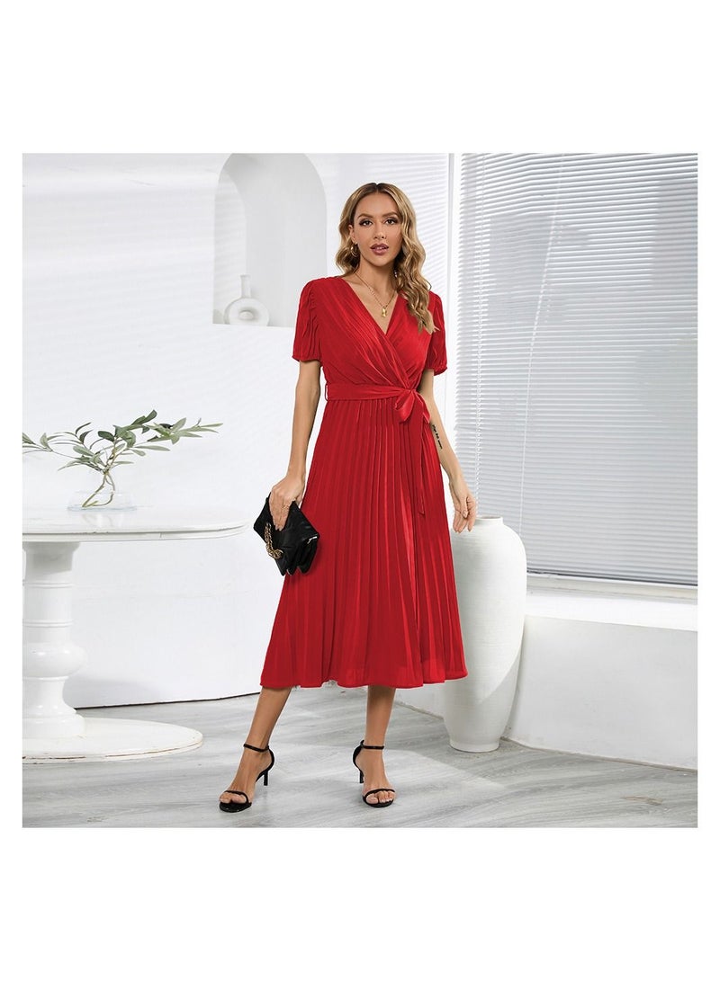 V-neck Slim Pleated Women's Dress