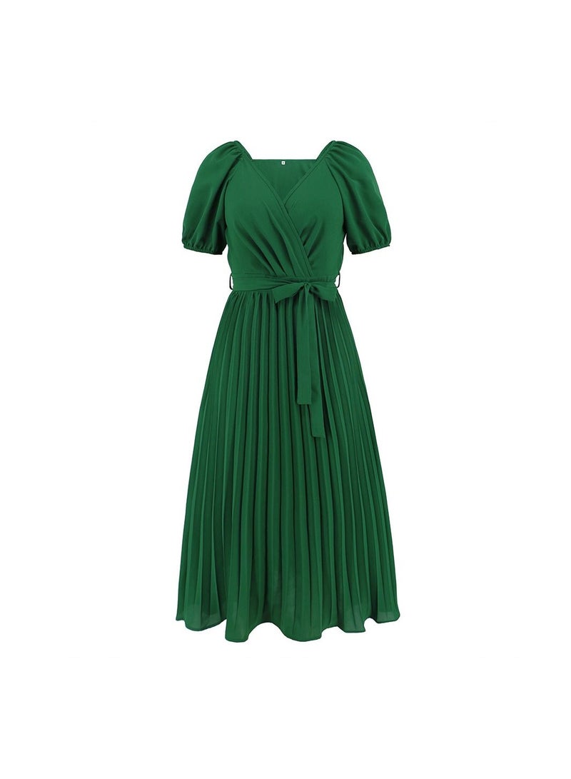 Women's Lantern Sleeve V-neck Pleated A-line Dress