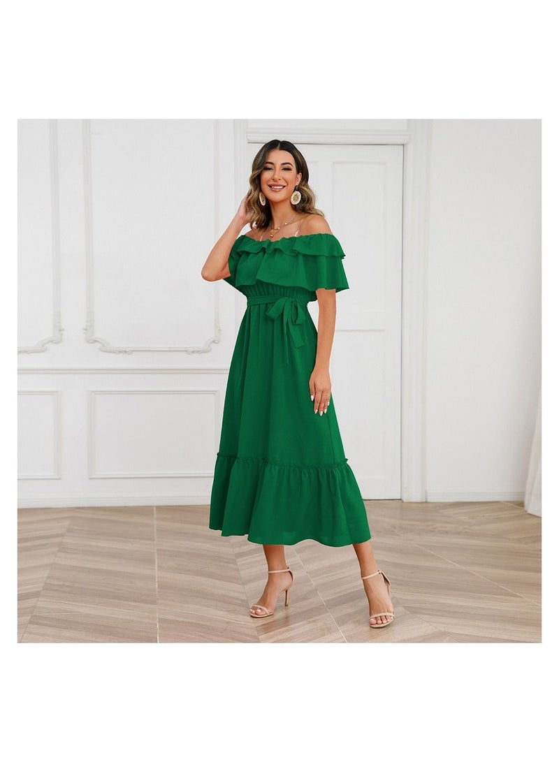 Summer Solid One Line Neck Off Shoulder Dress