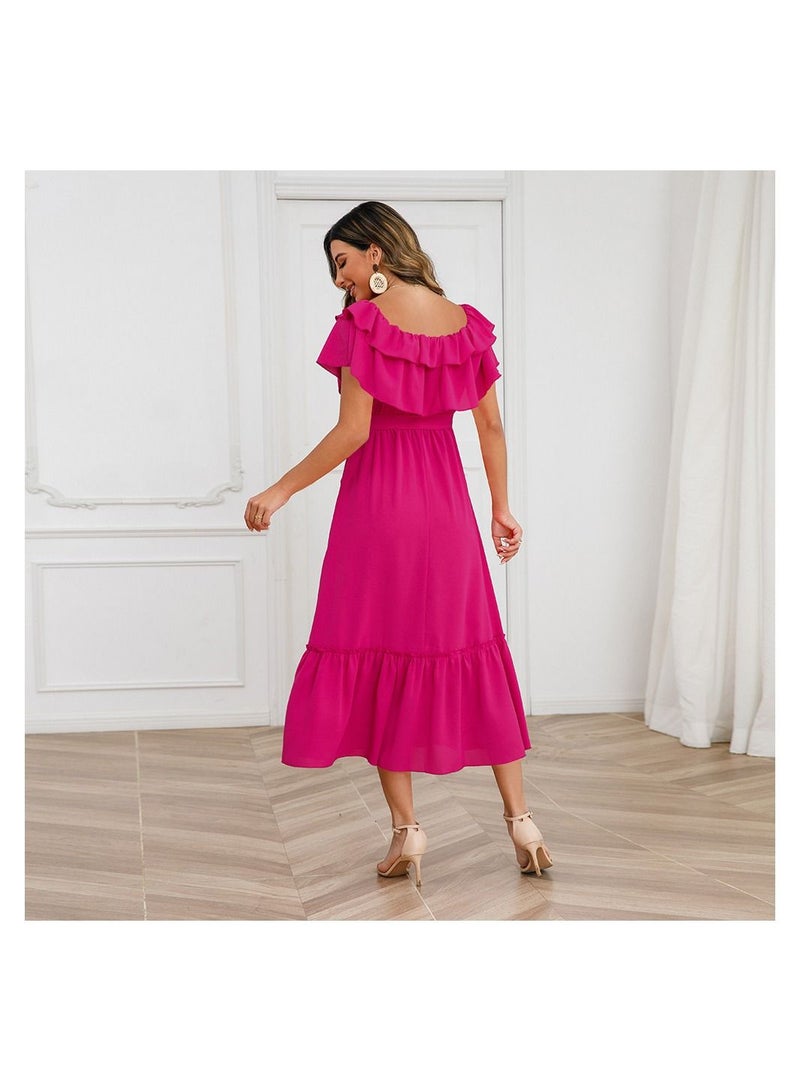 Summer Solid One Line Neck Off Shoulder Dress