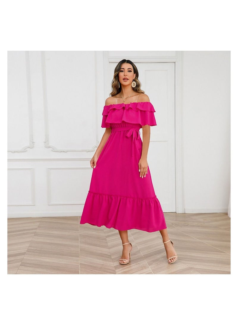 Summer Solid One Line Neck Off Shoulder Dress