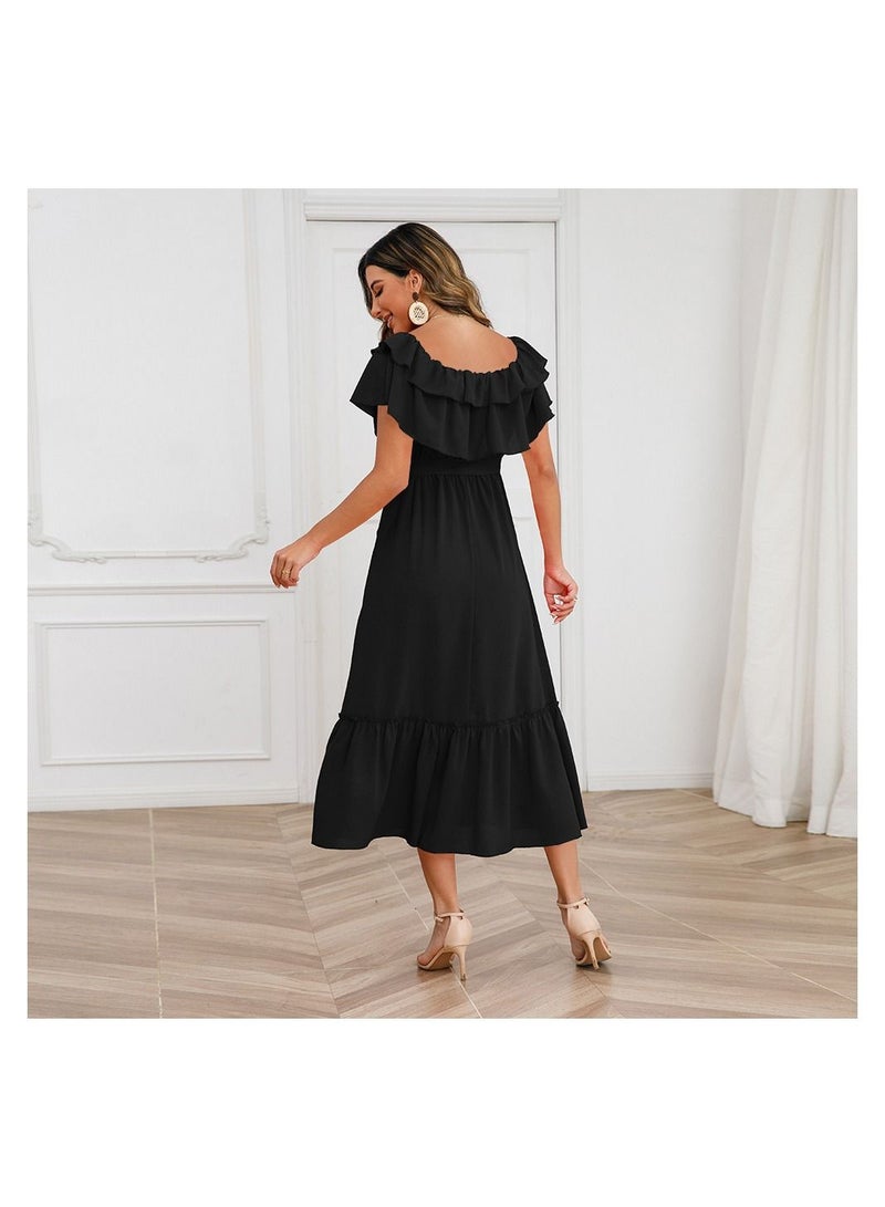 Summer Solid One Line Neck Off Shoulder Dress