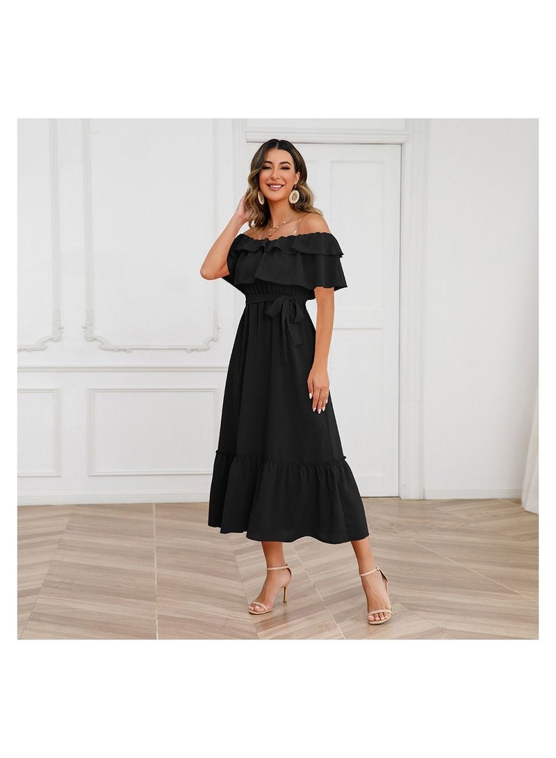 Summer Solid One Line Neck Off Shoulder Dress