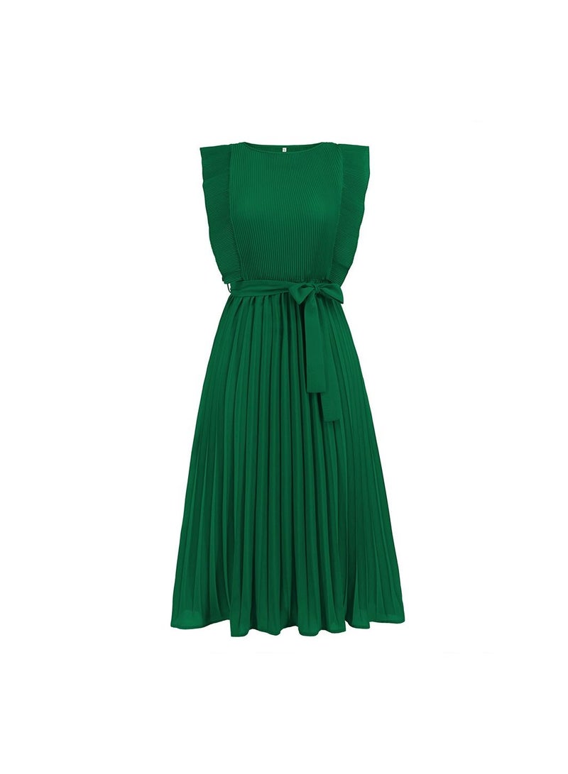 A Pleated Solid Color Dress With Lotus Leaf Sleeves