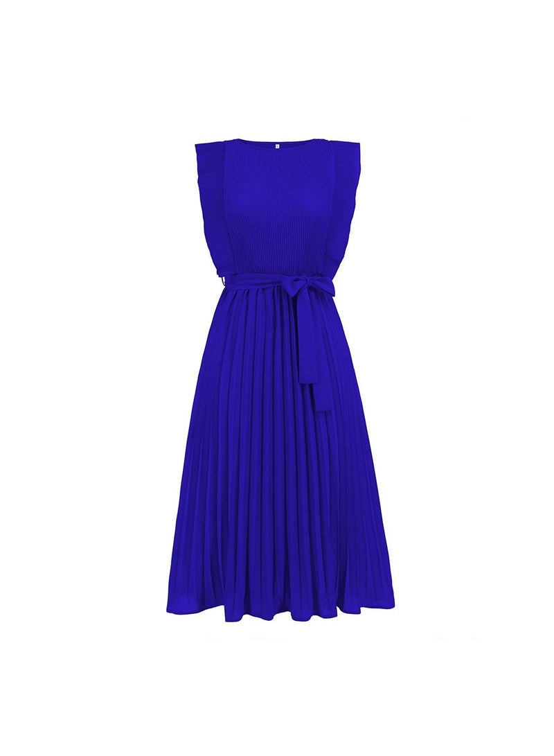 A Pleated Solid Color Dress With Lotus Leaf Sleeves