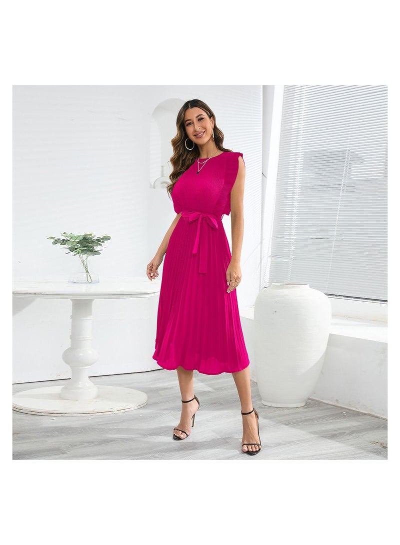 A Pleated Solid Color Dress With Lotus Leaf Sleeves