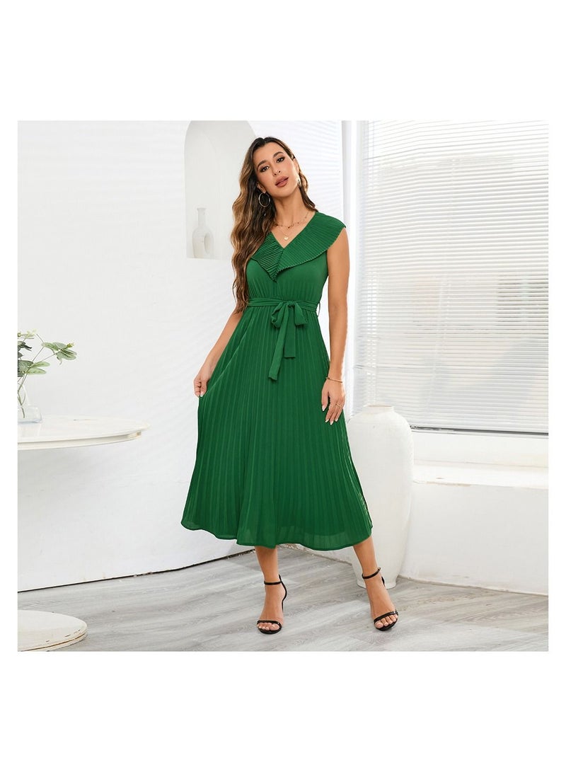 Sleeveless Pleated V-neck Women's Dress