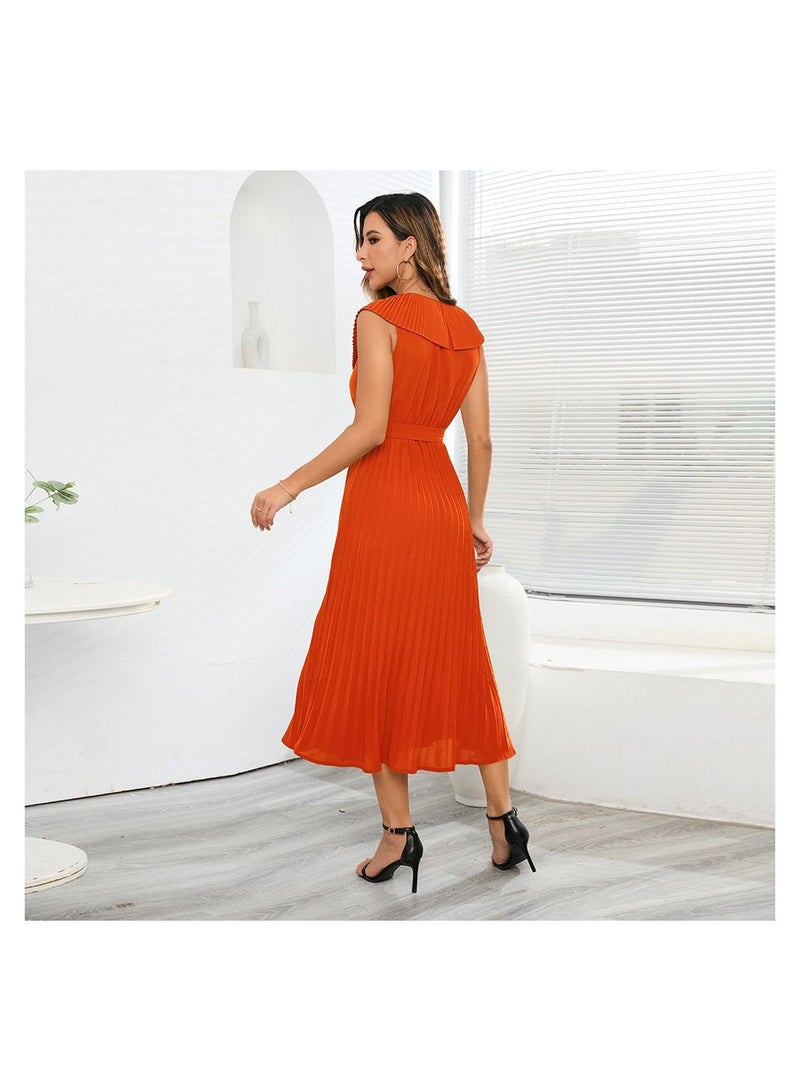 Sleeveless Pleated V-neck Women's Dress