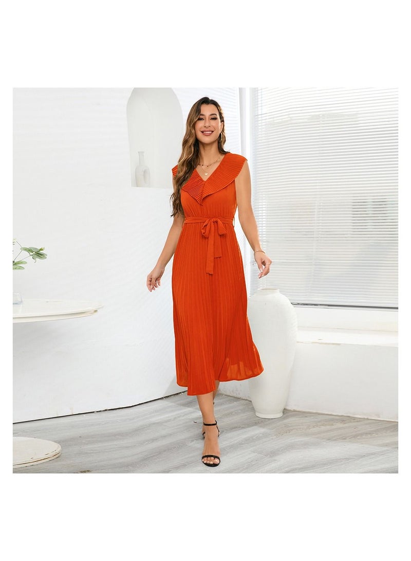 Sleeveless Pleated V-neck Women's Dress
