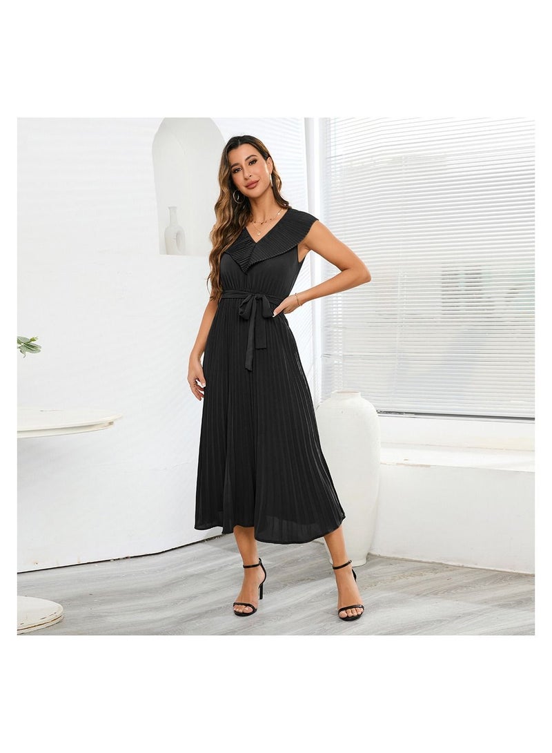 Sleeveless Pleated V-neck Women's Dress