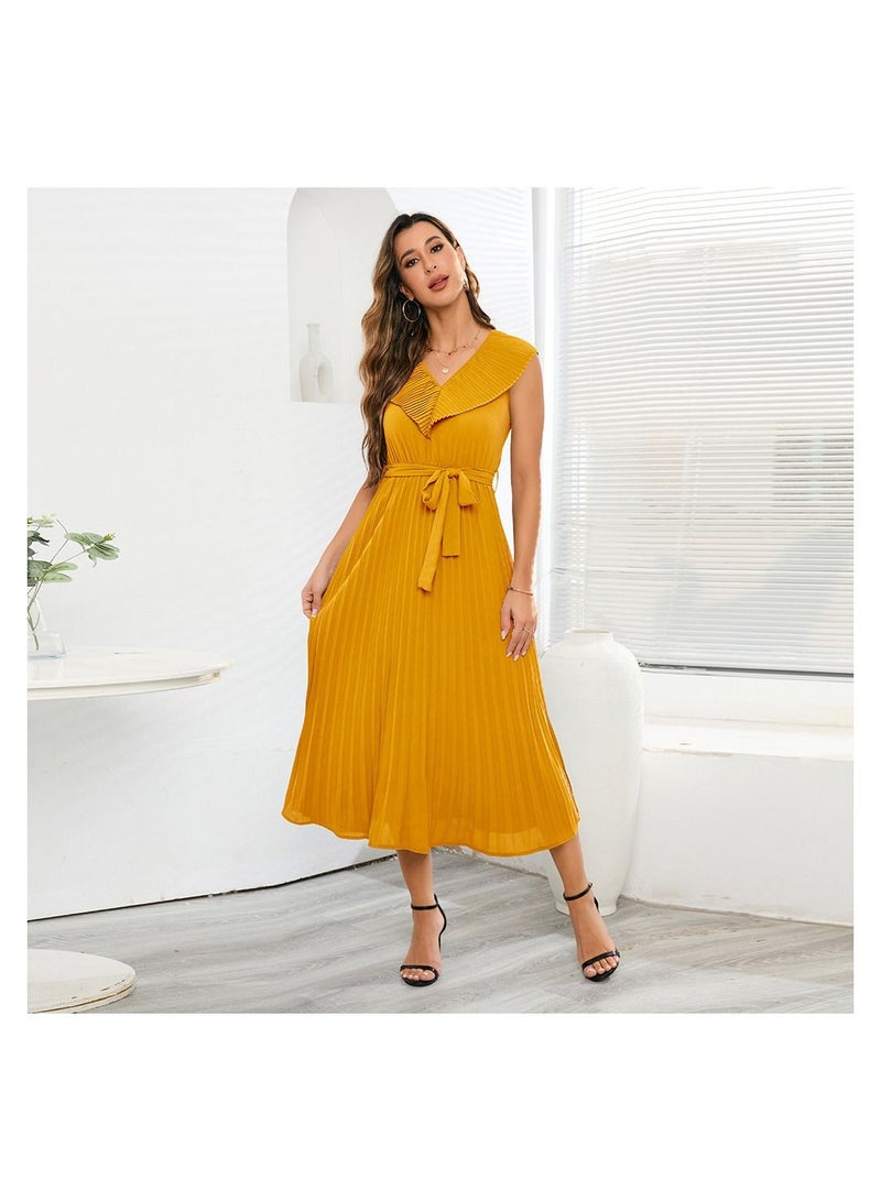 Sleeveless Pleated V-neck Women's Dress