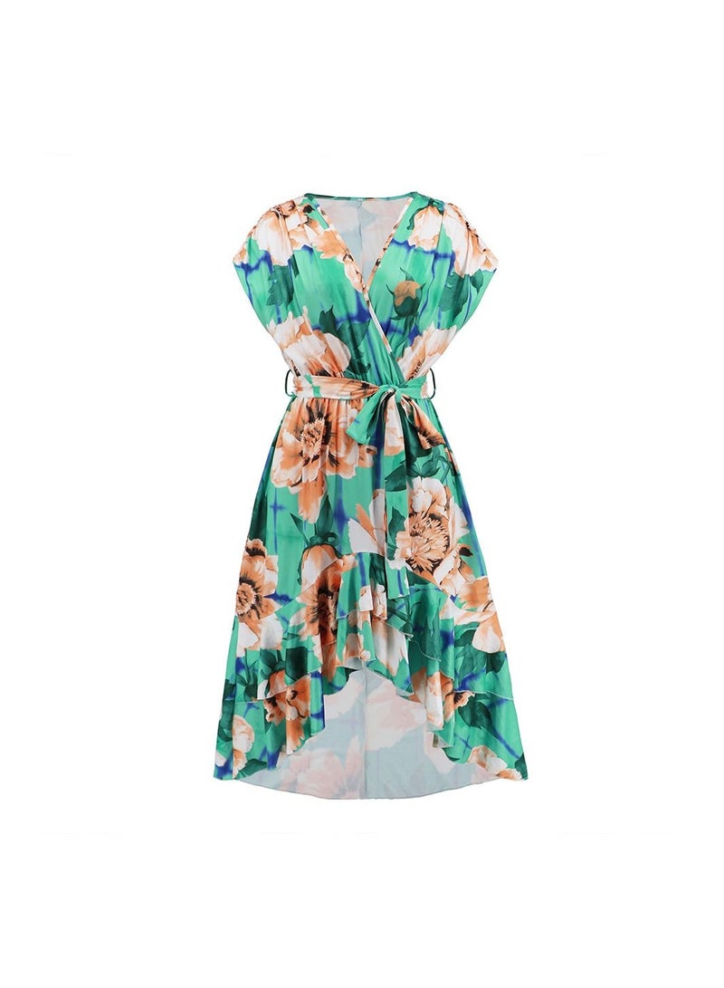 V-neck Bat Sleeve Printed Temperament Dress