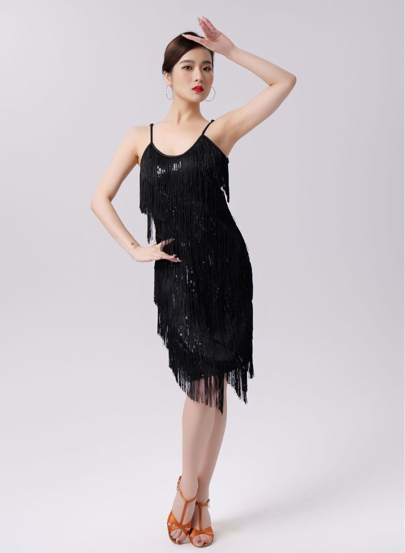 Women's Flapper Dress Sequin Tassel Latin Party Cocktail Slip Dress Ballroom Dance Costume Performance Dress Black