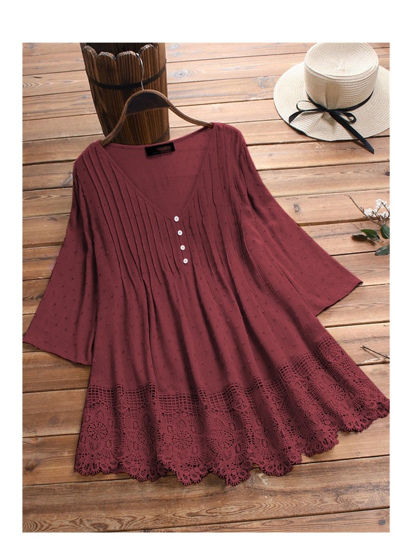 V-neck Dress Pure Color Simple Red