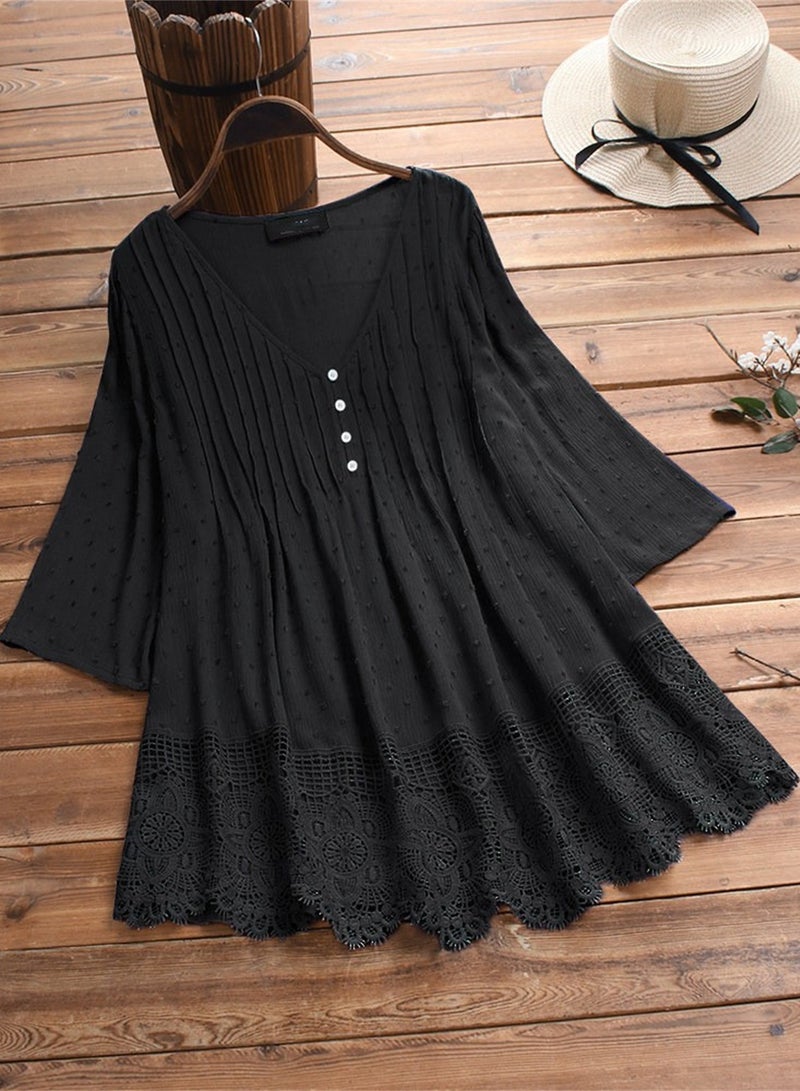 V-neck Dress Pure Color Simple Black