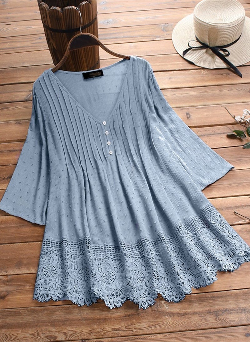 V-neck Dress Pure Color Simple Blue