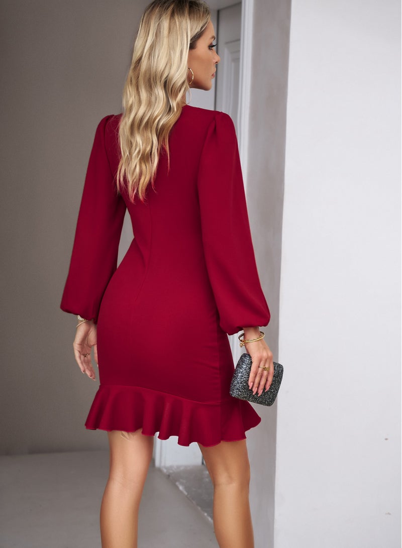 Autumn And Sinter New Temperament Bubble Sleeve Red Dress Red