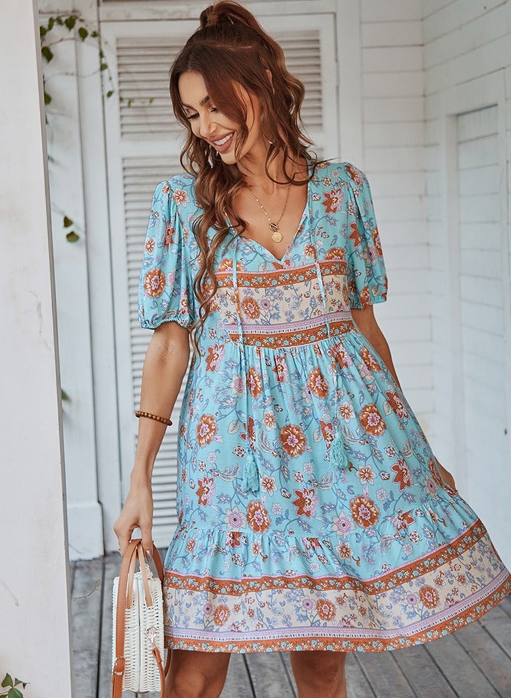 Bohemian Casual Holiday Dress Blue