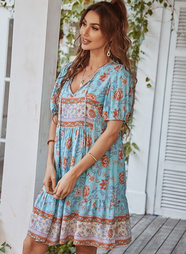 Bohemian Casual Holiday Dress Blue