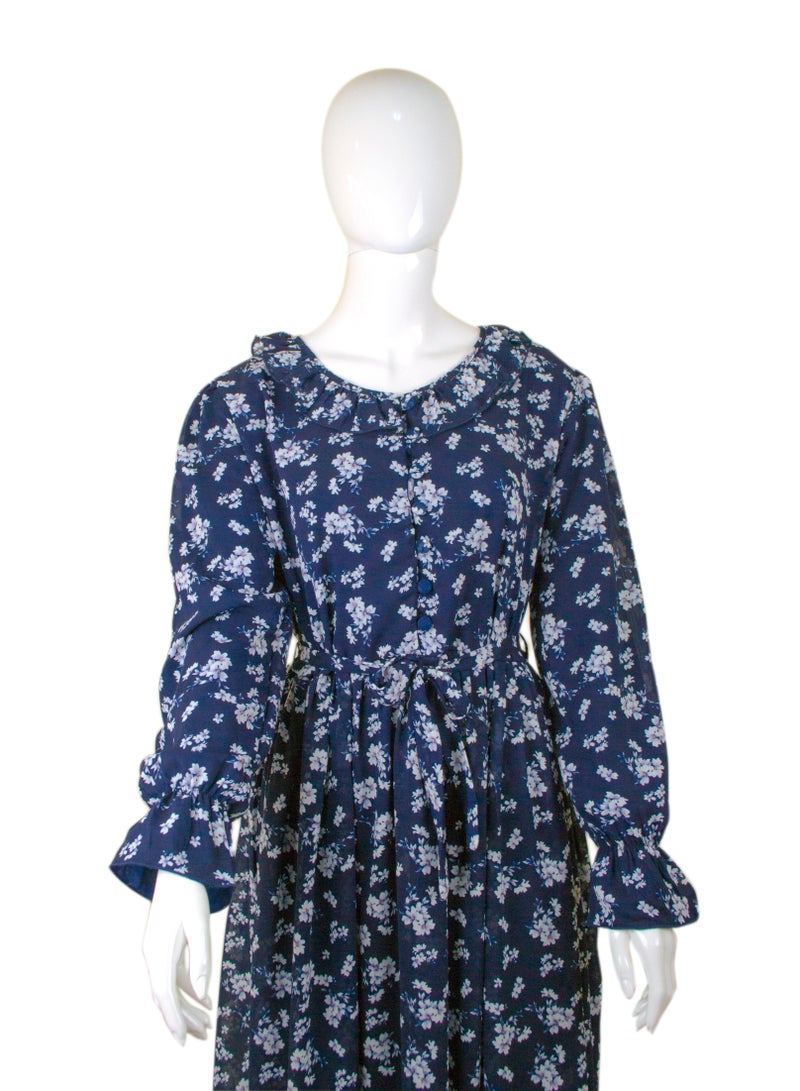 Floral Long Dress Blue with White Flowers 01