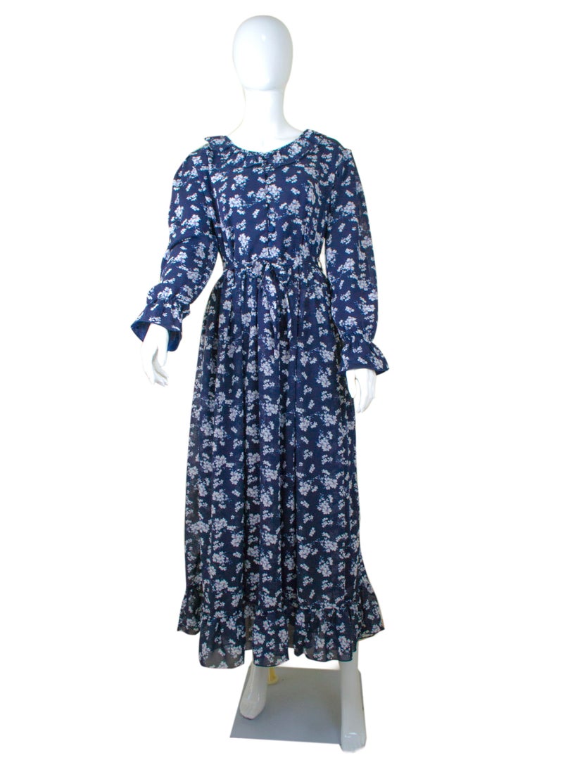 Floral Long Dress Blue with White Flowers 01