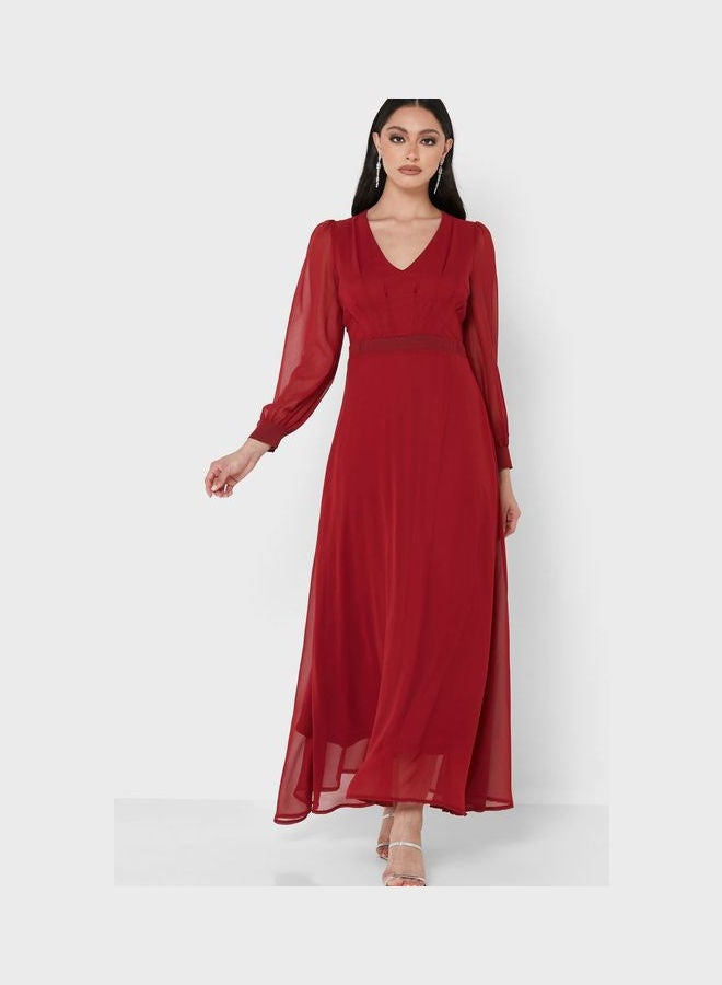 Sheer Sleeve Fit & Flare Dress Red