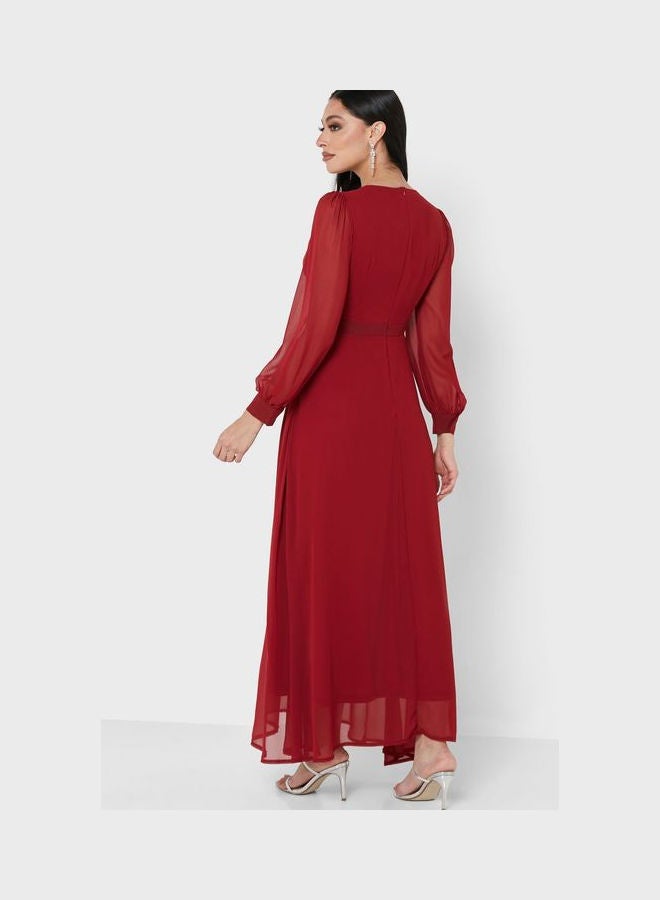 Sheer Sleeve Fit & Flare Dress Red