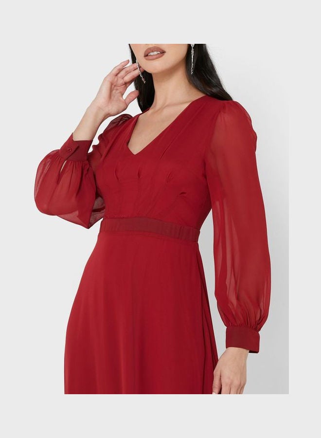 Sheer Sleeve Fit & Flare Dress Red