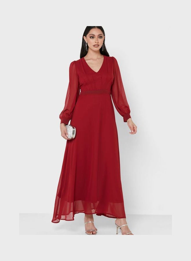 Sheer Sleeve Fit & Flare Dress Red