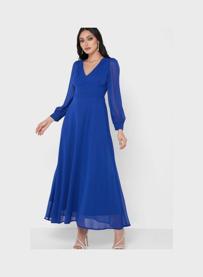 Sheer Sleeve Fit & Flare Dress Blue