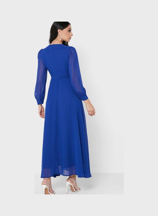 Sheer Sleeve Fit & Flare Dress Blue