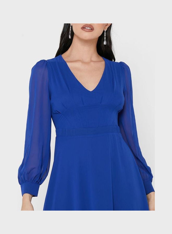 Sheer Sleeve Fit & Flare Dress Blue