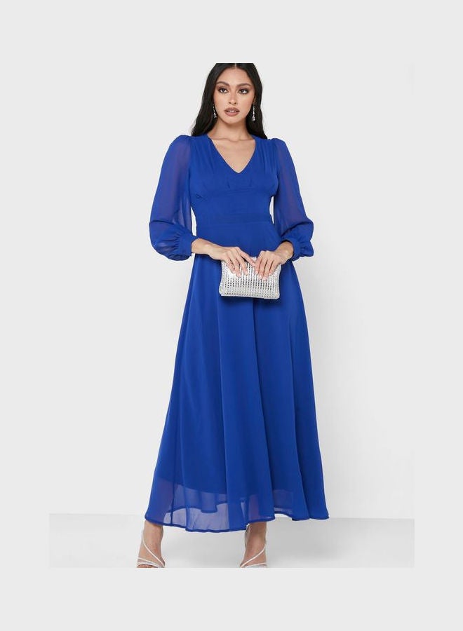 Sheer Sleeve Fit & Flare Dress Blue