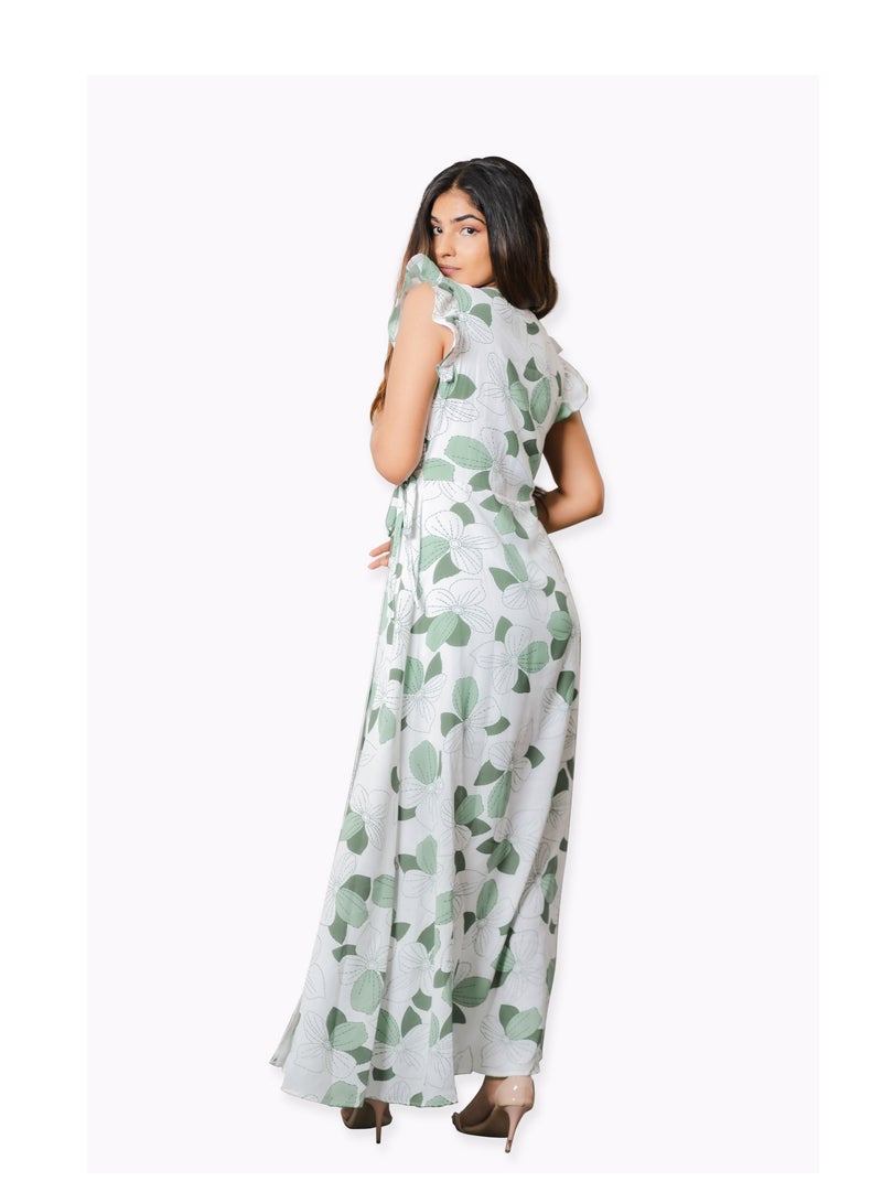 Floral V Neck Maxi Dress Green